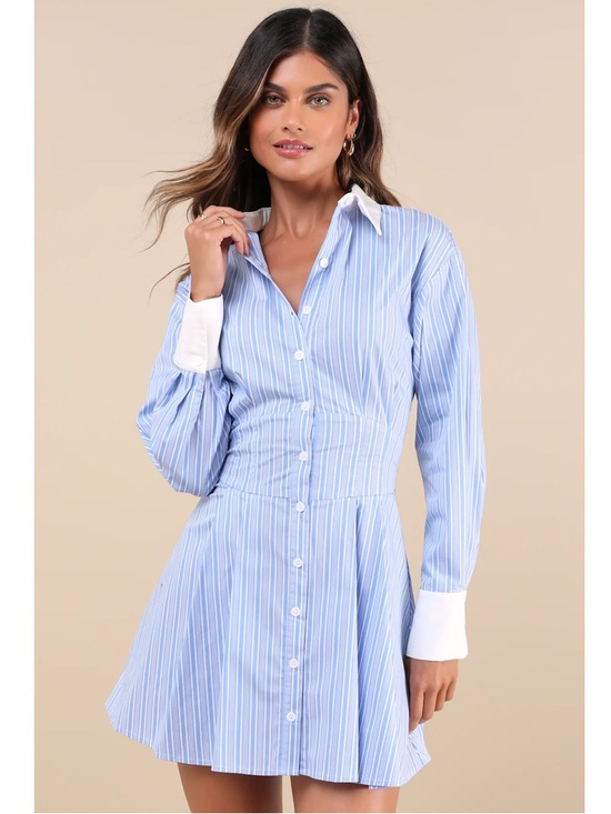 Lulus Dresses & Skirts - Lulus Suave Confidence Blue/White Striped Collared Button-Front Shirt Mini Dress